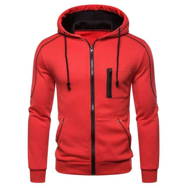 Red zip-up hoodie with black drawstrings and contrast trim, worn by person | Chaps London