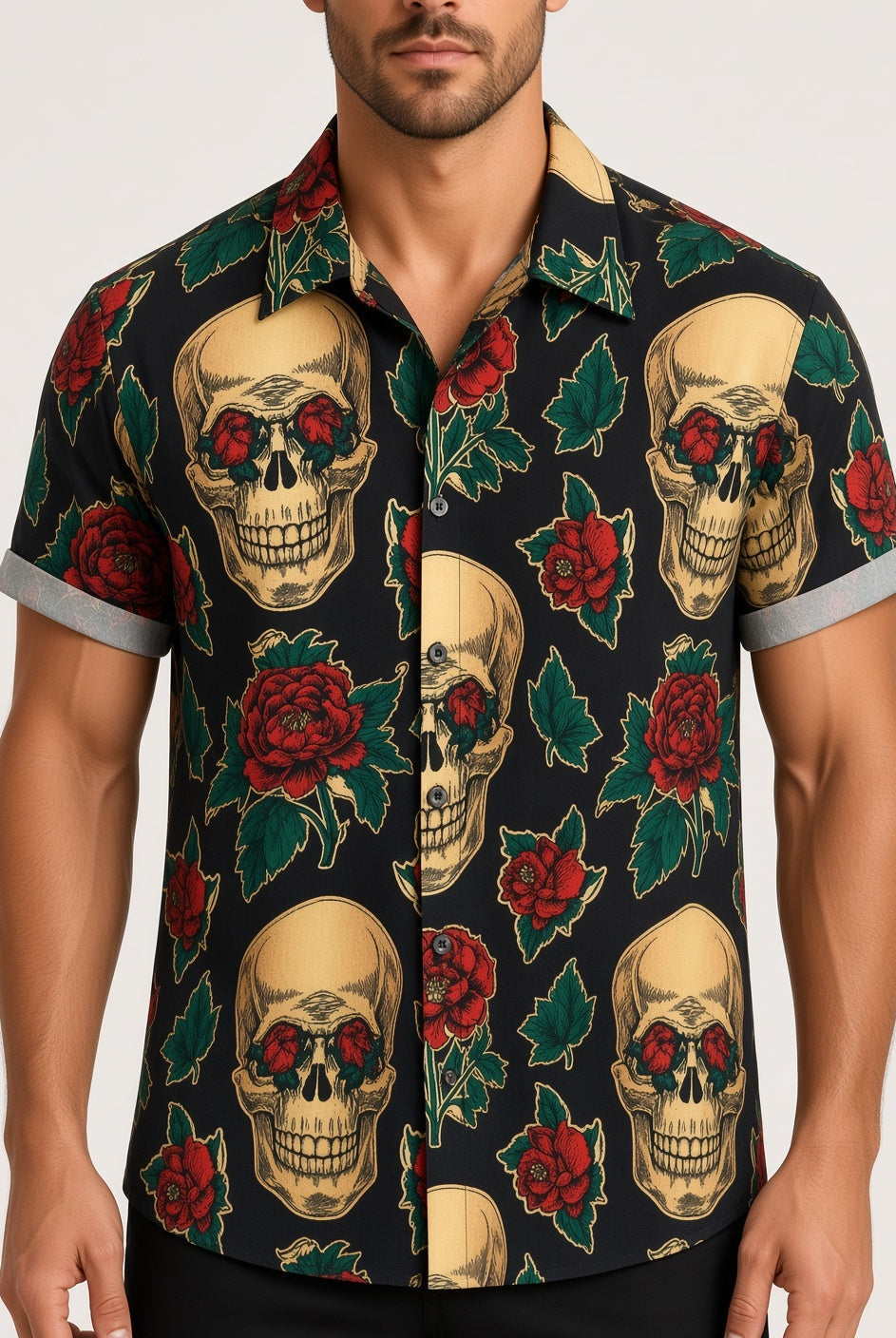 Man wearing black shirt with skull and rose floral print, short sleeves | Chaps London