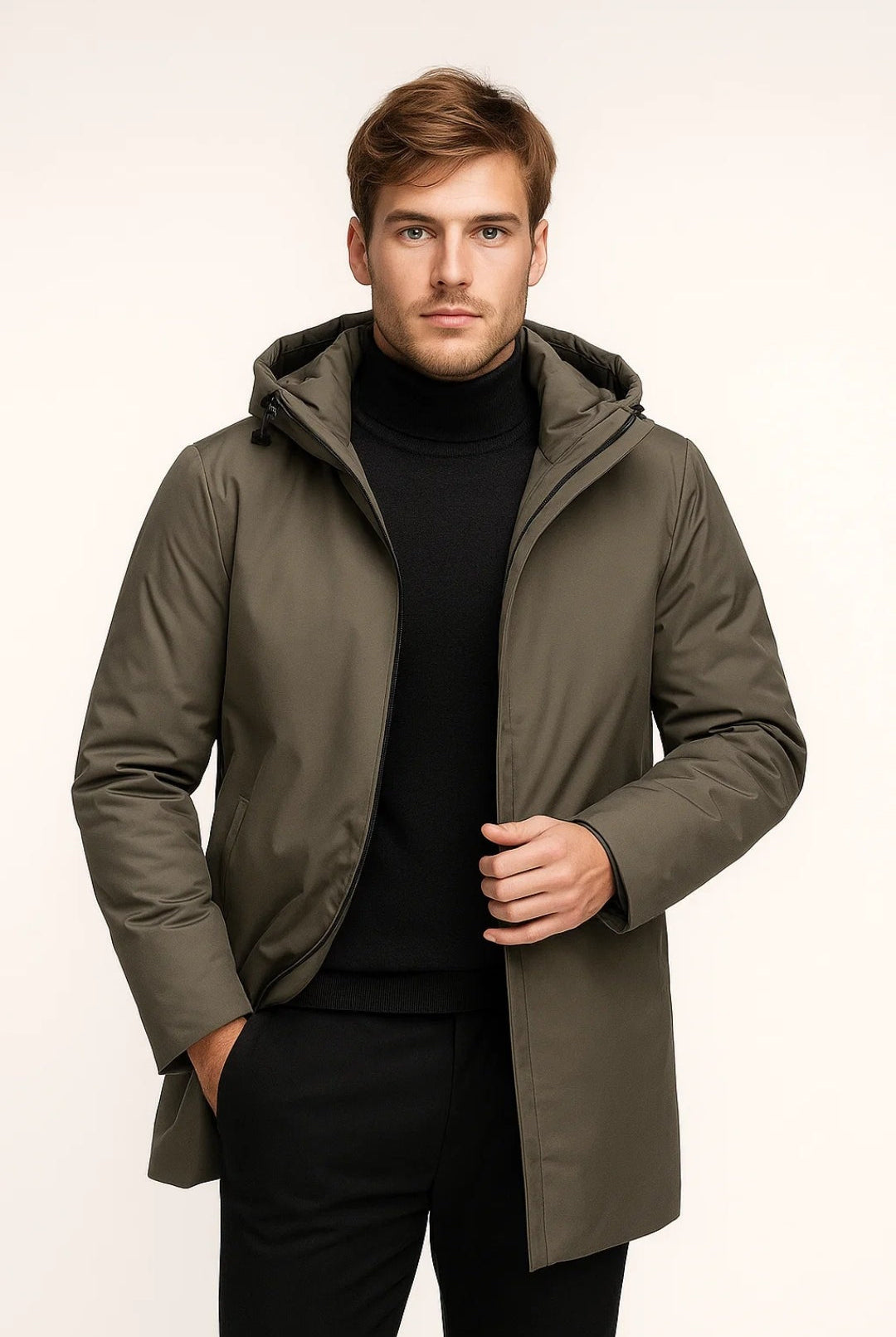 Man wearing olive green hooded parka with black turtleneck and trousers | Chaps London