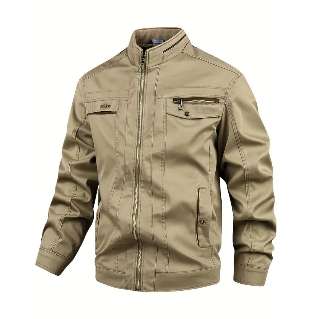 Khaki cotton field jacket with stand collar, zip pockets, mannequin display | Chaps London