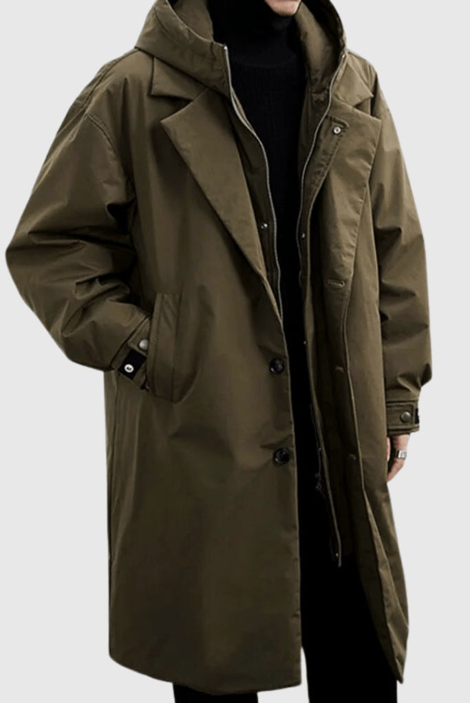 Man wearing olive green hooded long raincoat with button closures and pockets | Chaps London