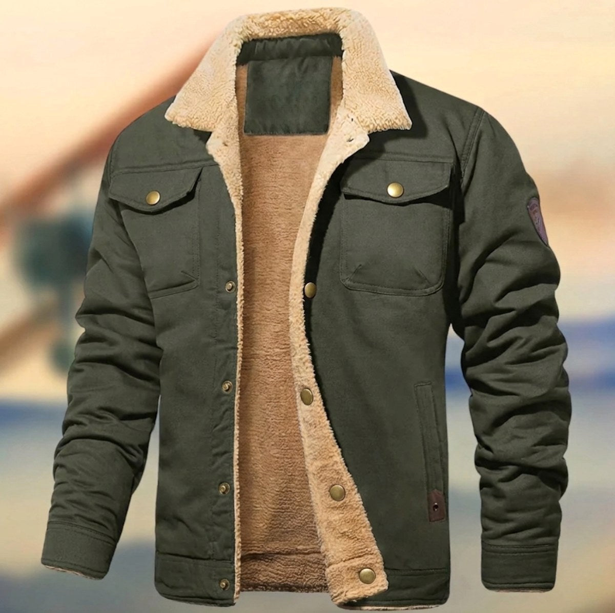 Olive green sherpa-lined trucker jacket with snap buttons, shown open on mannequin | Chaps London