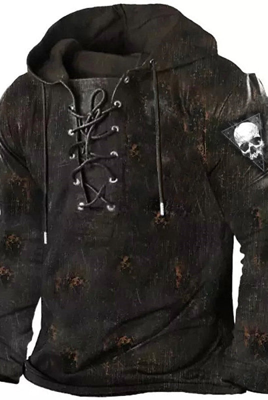 Dark distressed hoodie with lace-up neckline and skull patch on mannequin | Chaps London