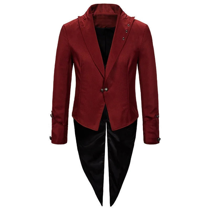 Red gothic tailcoat jacket with black swallowtail back, worn by a person | Chaps London