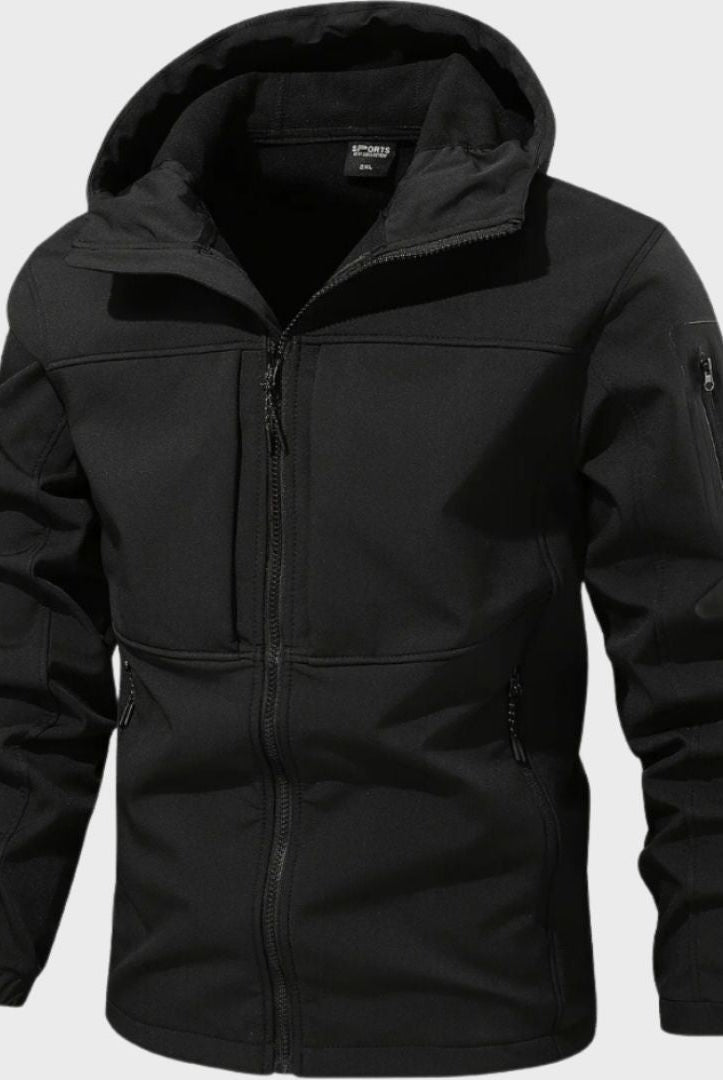 Black hooded softshell jacket with zip pockets, shown flat on display | Chaps London