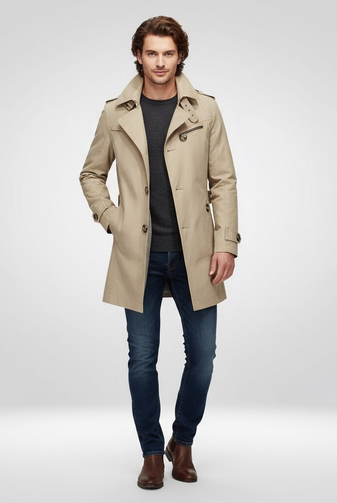 Man wearing beige trench coat, grey sweater, jeans, and brown boots | Chaps London