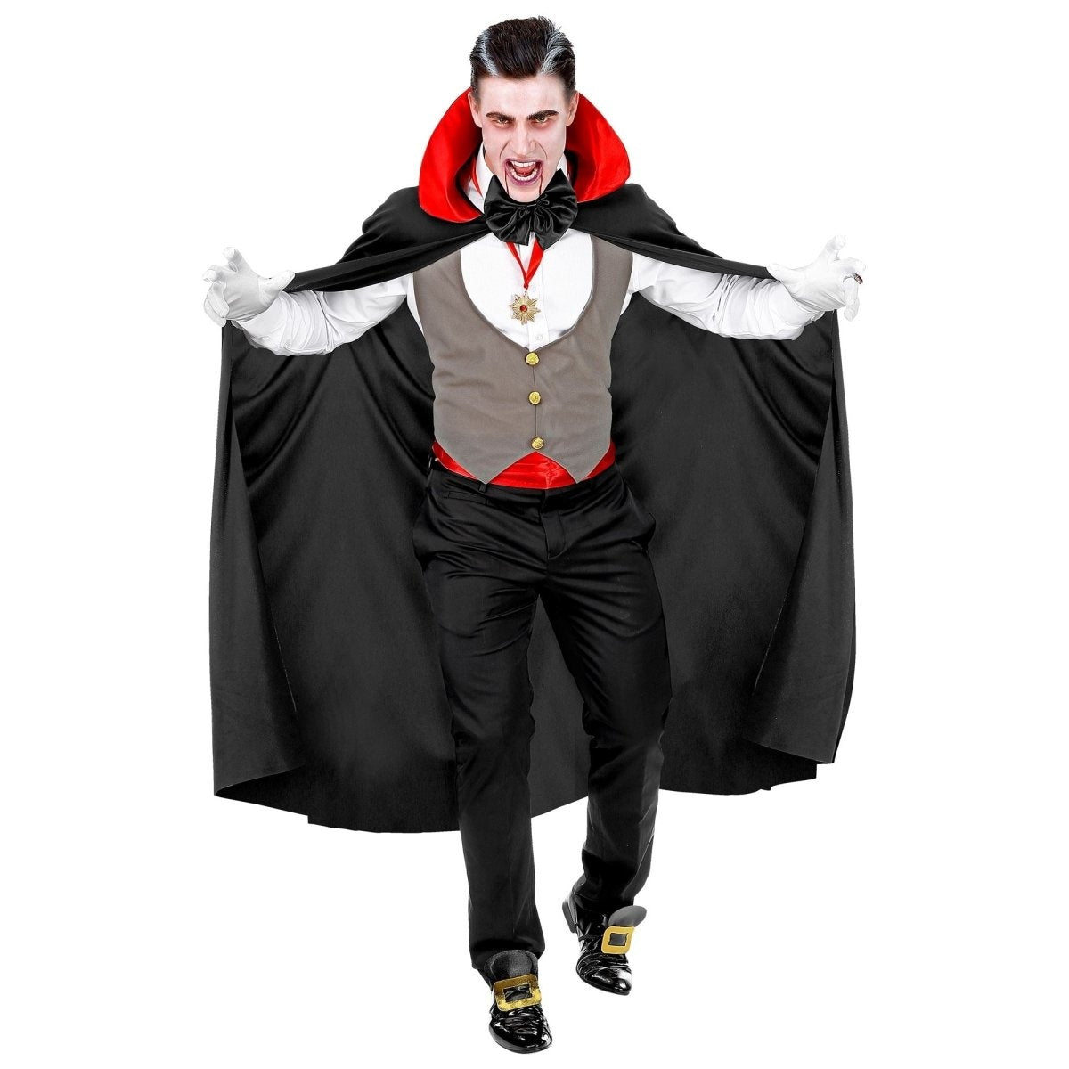 Man wearing black vampire cape with red lining and grey waistcoat costume | Chaps London