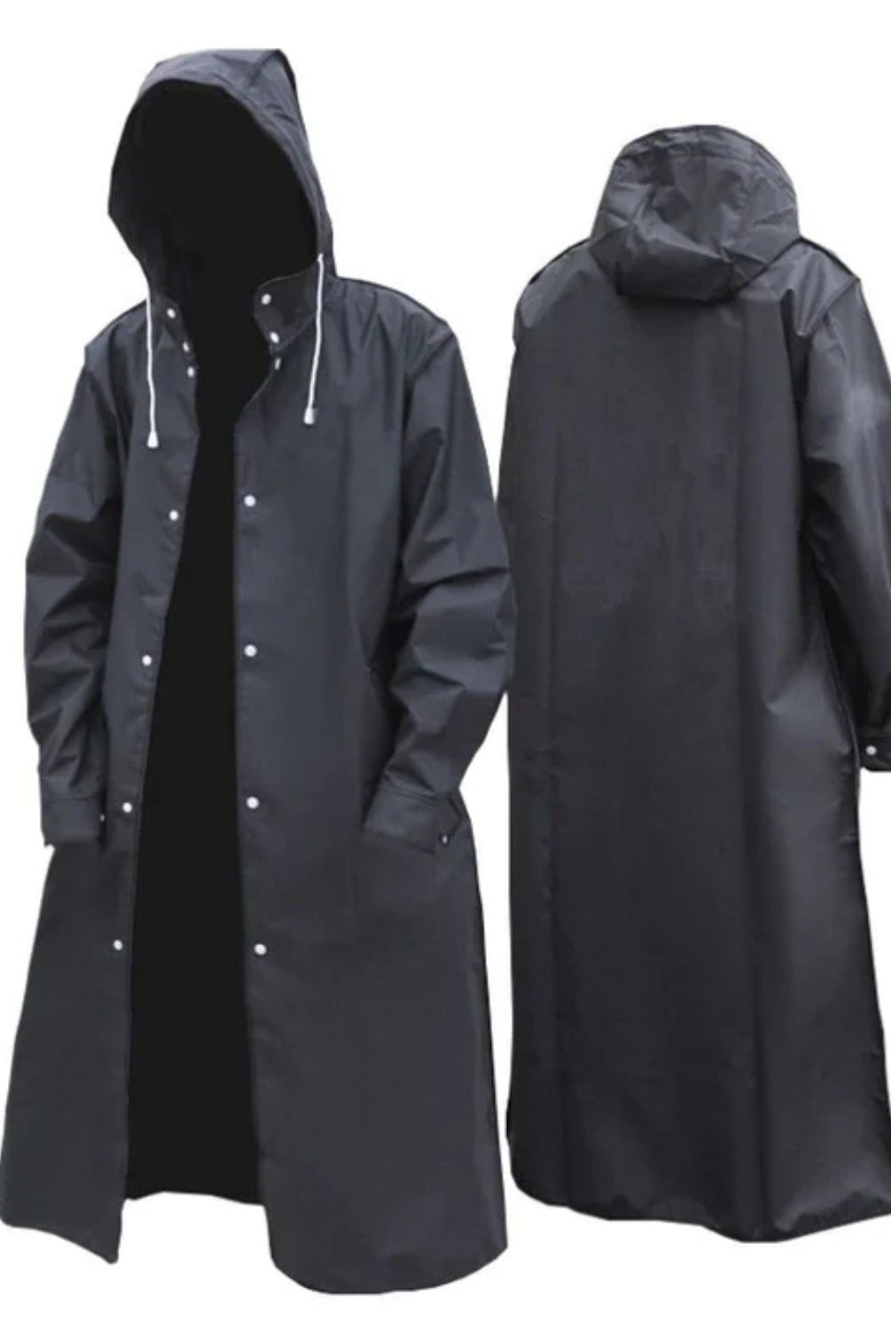 Black hooded raincoat with press studs, shown front and back on mannequins | Chaps London