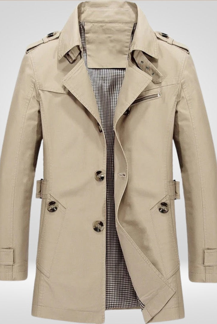 Beige single-breasted trench coat with epaulettes, shown flat on mannequin form | Chaps London