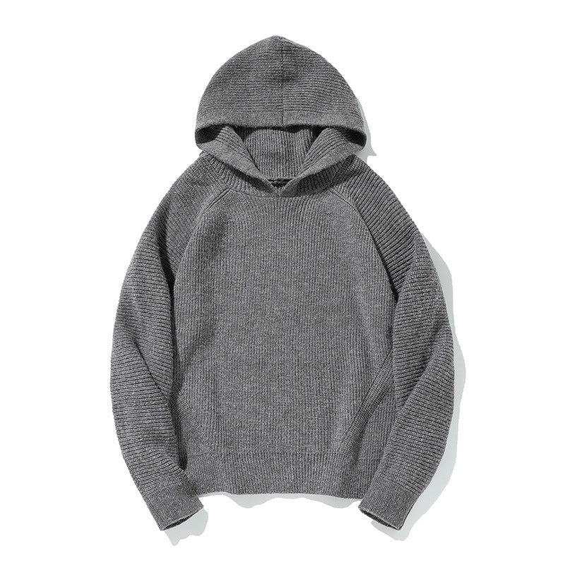 Gray ribbed knit hoodie with hood, laid flat on white background | Chaps London