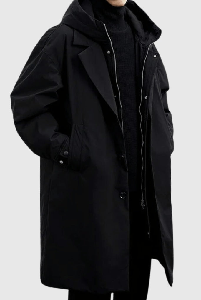 Man wearing black hooded longline coat with turtleneck sweater underneath | Chaps London