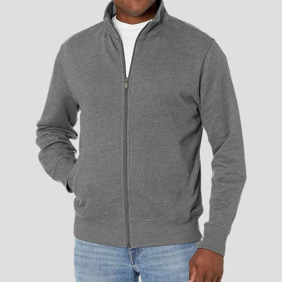 Man wearing gray zip-up jacket with stand collar, paired with jeans | Chaps London