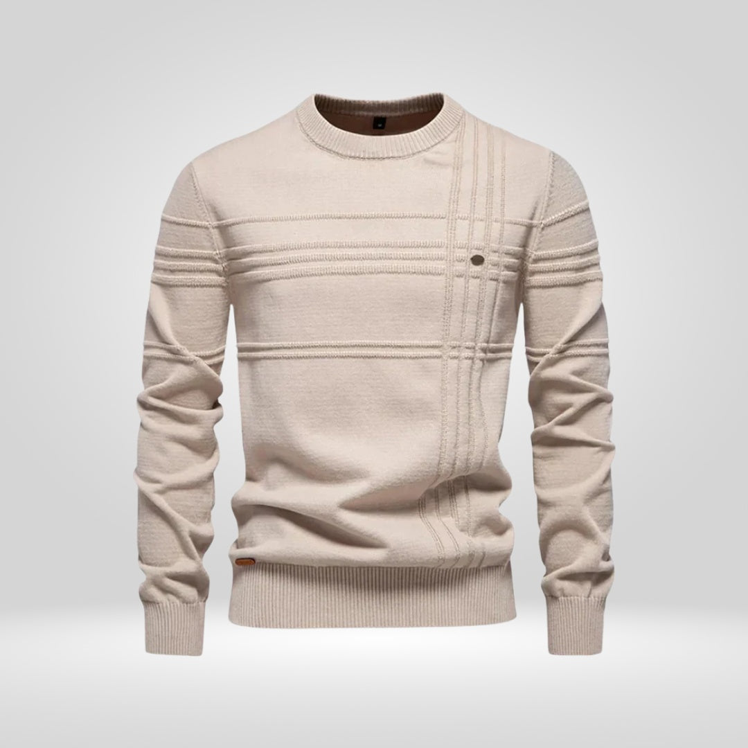 Beige knitted crew neck jumper with raised rib stripe pattern, flat lay | Chaps London