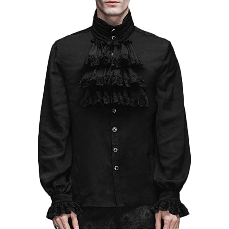 Black ruffled Victorian-style shirt with lace jabot, worn by a man | Chaps London