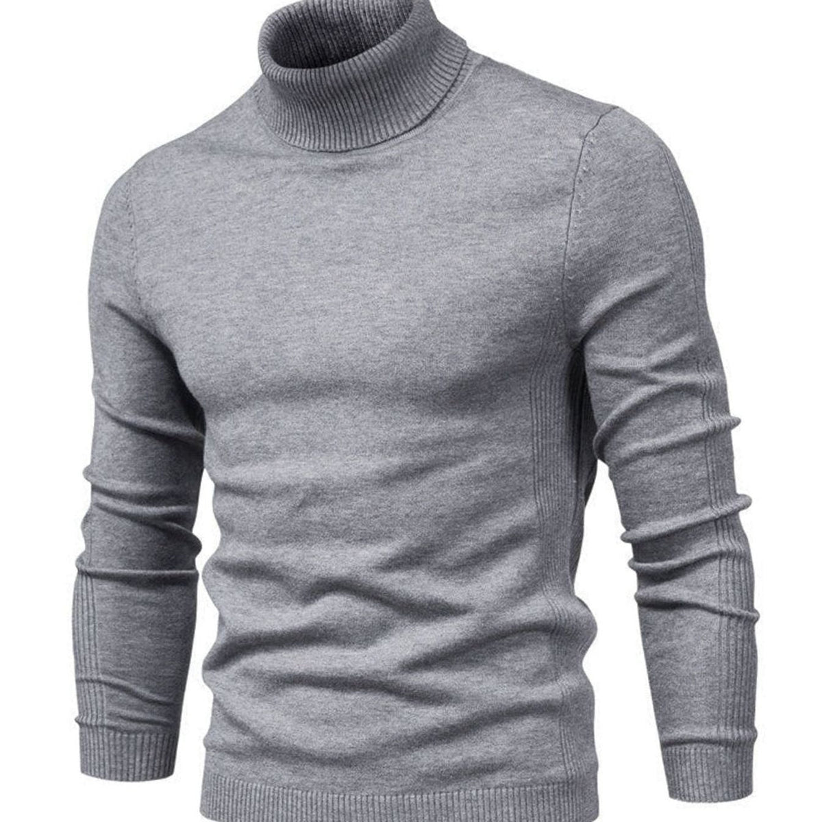 Gray ribbed turtleneck sweater, slim fit, worn by faceless male model | Chaps London