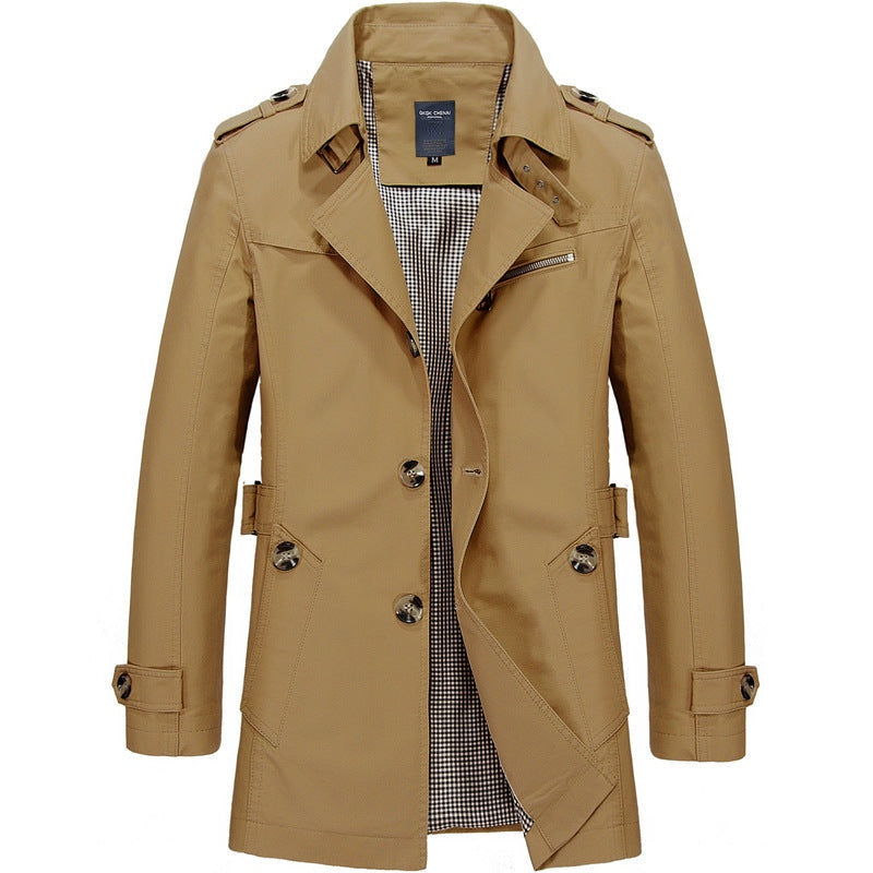 Khaki trench coat with epaulettes and lapel collar, shown flat on mannequin form | Chaps London