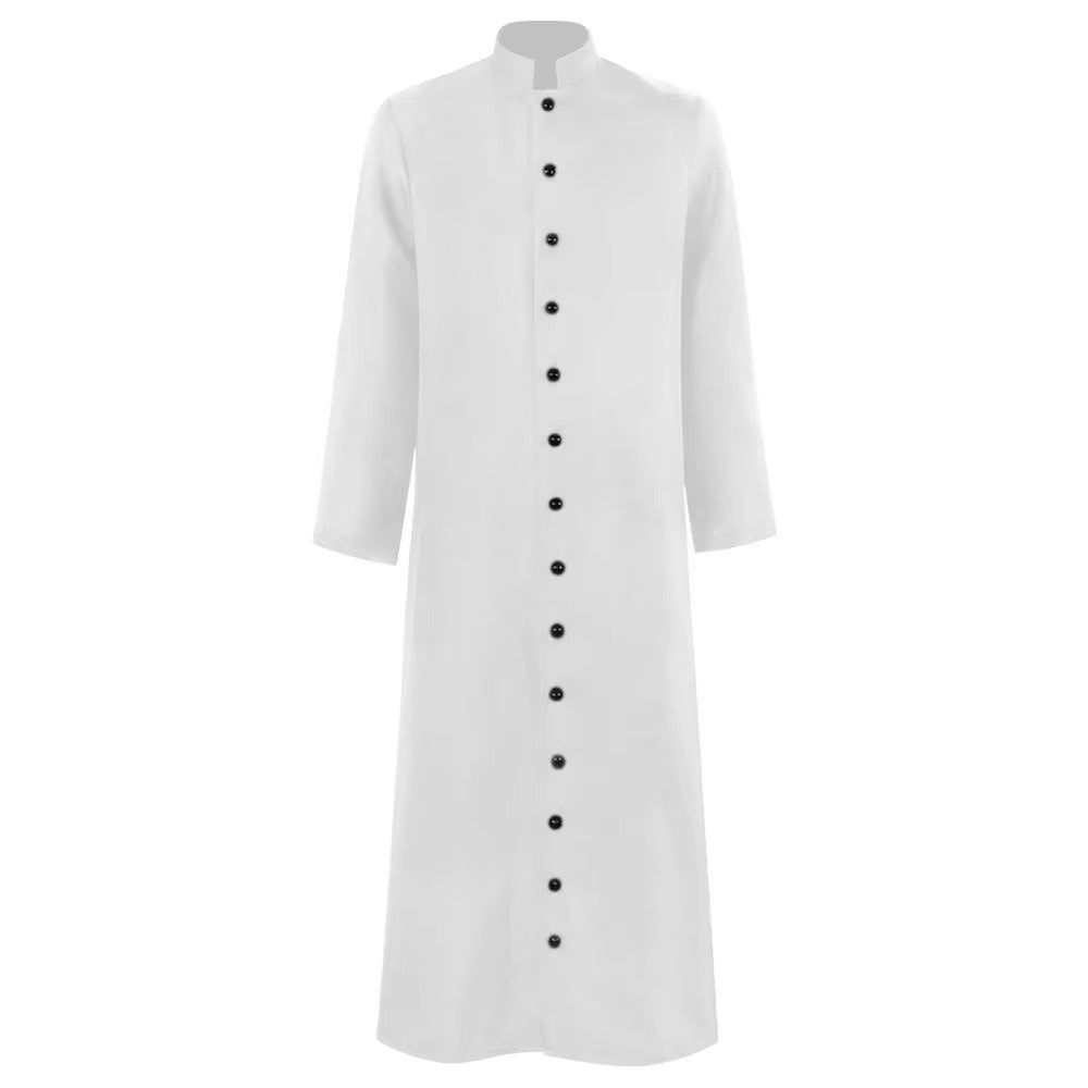 White cassock with stand collar and black button front, worn by figure | Chaps London