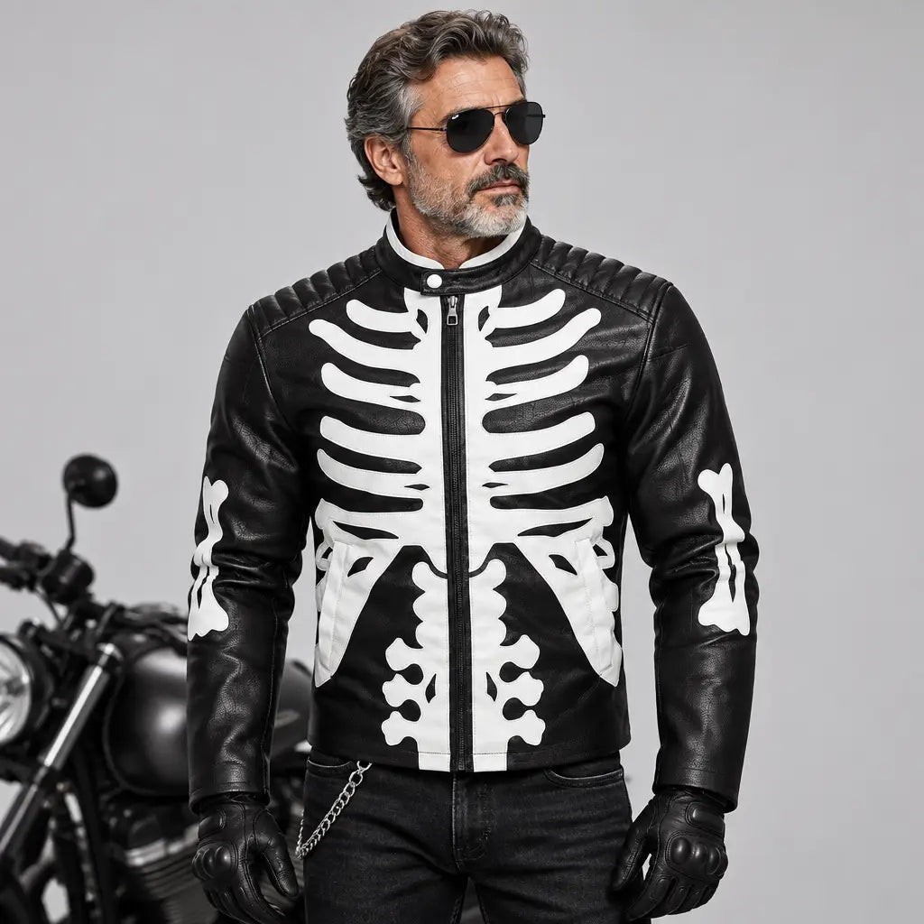 Man wearing black faux leather jacket with white skeleton bone print design | Chaps London