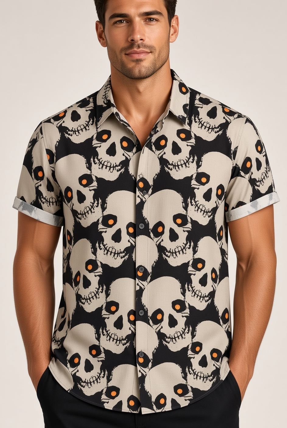 Man wearing black and beige short sleeve shirt with skull pattern print | Chaps London