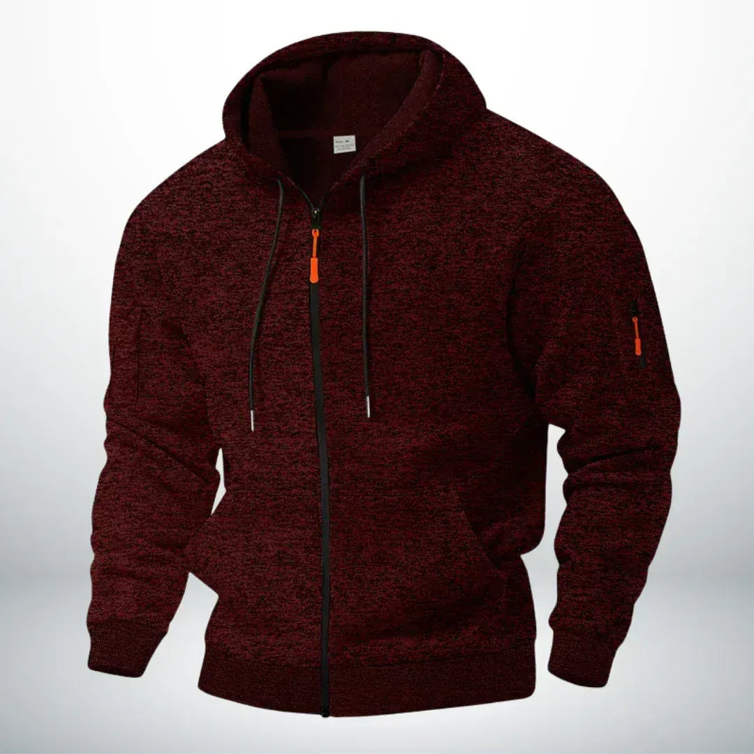 Maroon marl knit zip hoodie with sleeve pocket, shown on mannequin | Chaps London