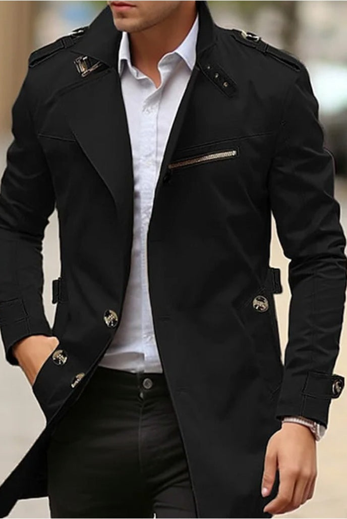 Man wearing black slim-fit trench coat with epaulettes over white shirt | Chaps London