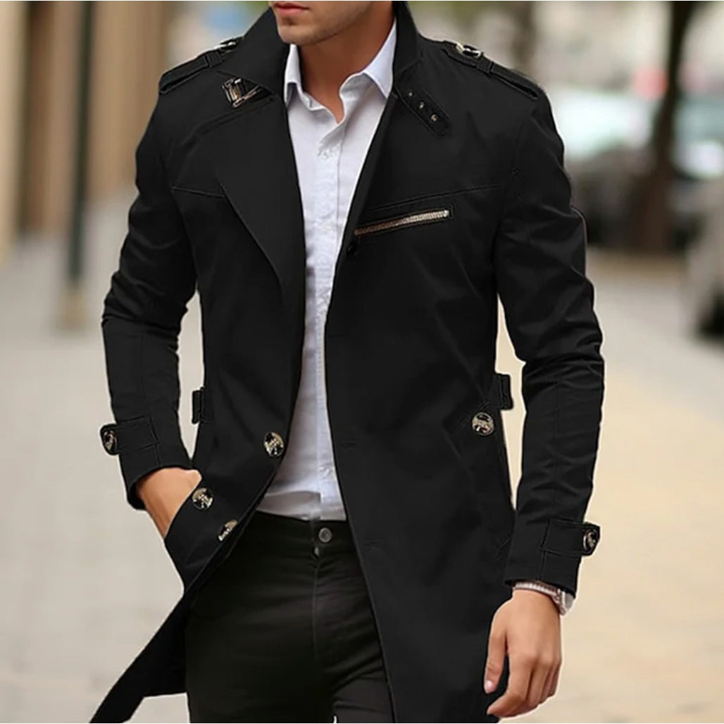 Man wearing black slim-fit trench coat with epaulettes over white shirt | Chaps London