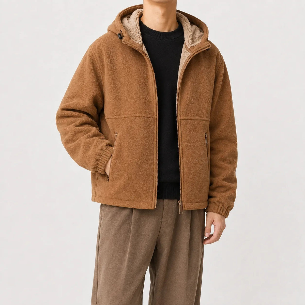 Man wearing camel brown hooded zip jacket with fleece-lined hood, worn outfit | Chaps London