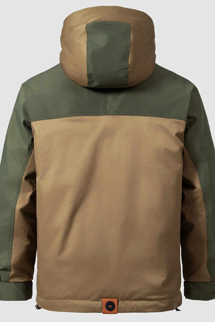 Khaki and olive colour-block hooded anorak jacket, back view, worn by person | Chaps London