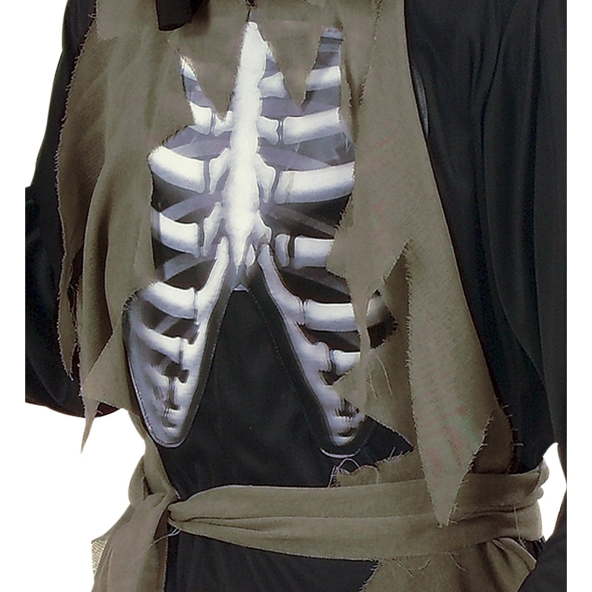 Worn skeleton ribcage robe with tattered olive fabric and tied belt | Chaps London