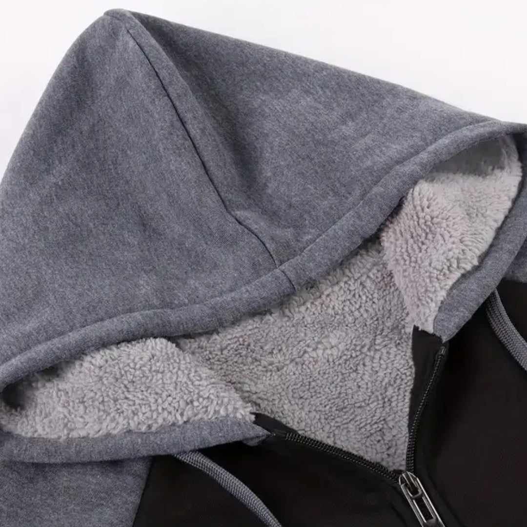 Gray zip hoodie close-up showing sherpa-lined hood and zipper detail | Chaps London
