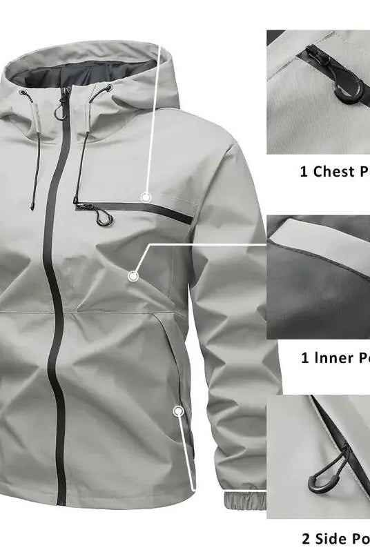 Gray hooded rain jacket detail views showing zippered chest and side pockets | Chaps London