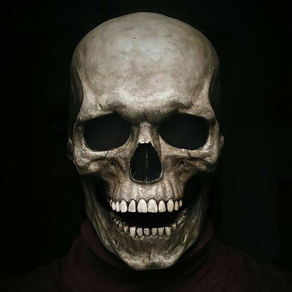 Grey skull mask with movable jaw worn by a person | Chaps London