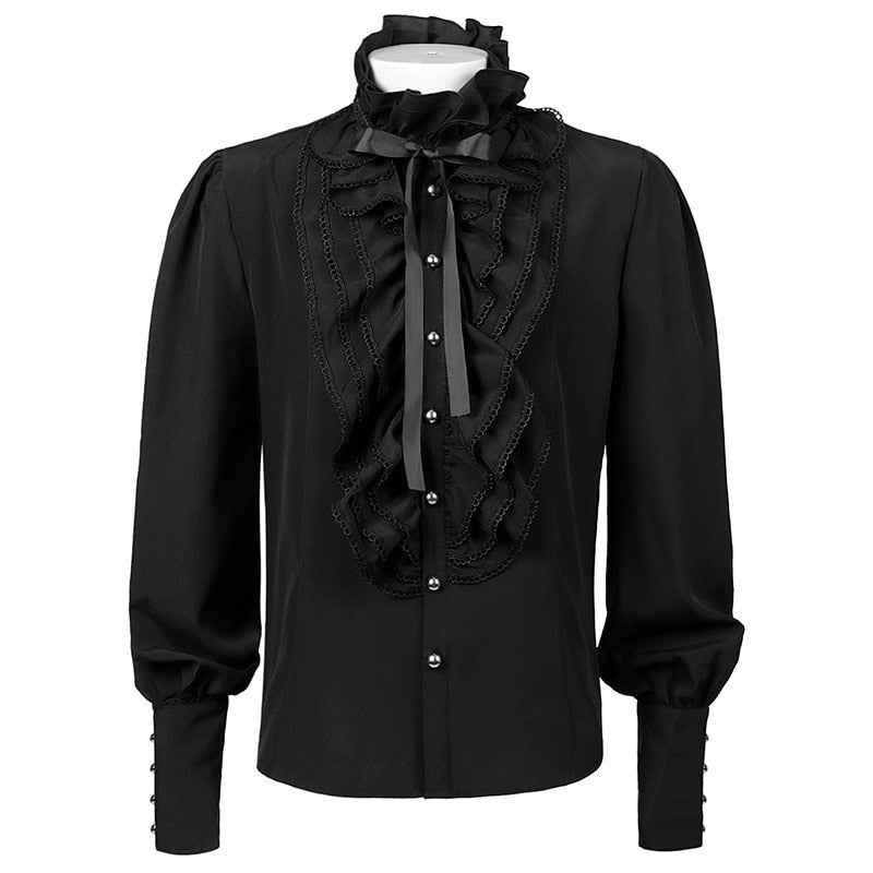 Black ruffled shirt with lace jabot and ribbon bow on mannequin | Chaps London