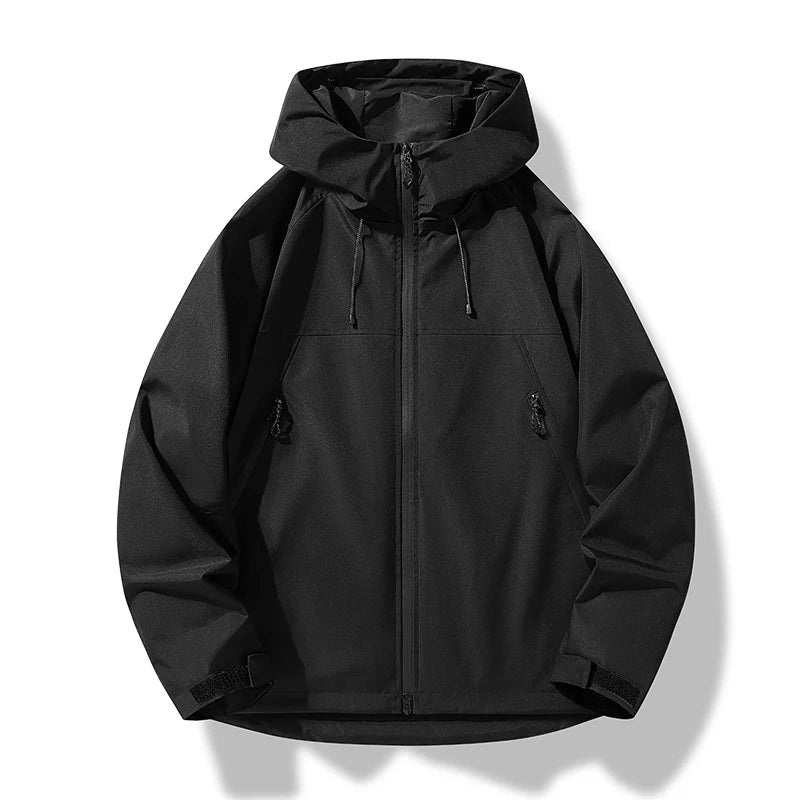 Black hooded zip-up jacket with drawstrings and zip pockets, laid flat | Chaps London