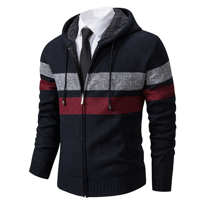 Navy hooded zip jacket with gray and red stripes, shown on mannequin | Chaps London