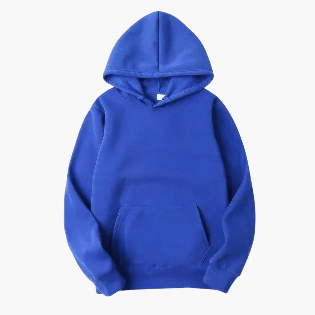 Royal blue fleece pullover hoodie with kangaroo pocket, shown flat, unworn | Chaps London