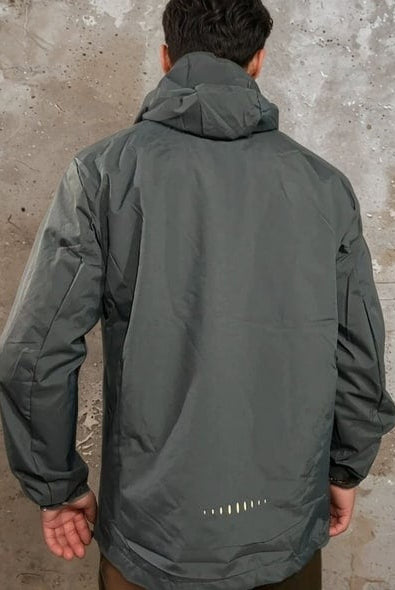 Man wearing gray waterproof hooded jacket, back view, showing reflective detailing | Chaps London