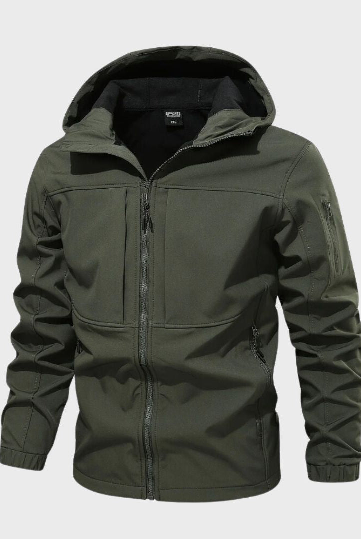 Olive green hooded softshell jacket with zip pockets, shown flat on background | Chaps London