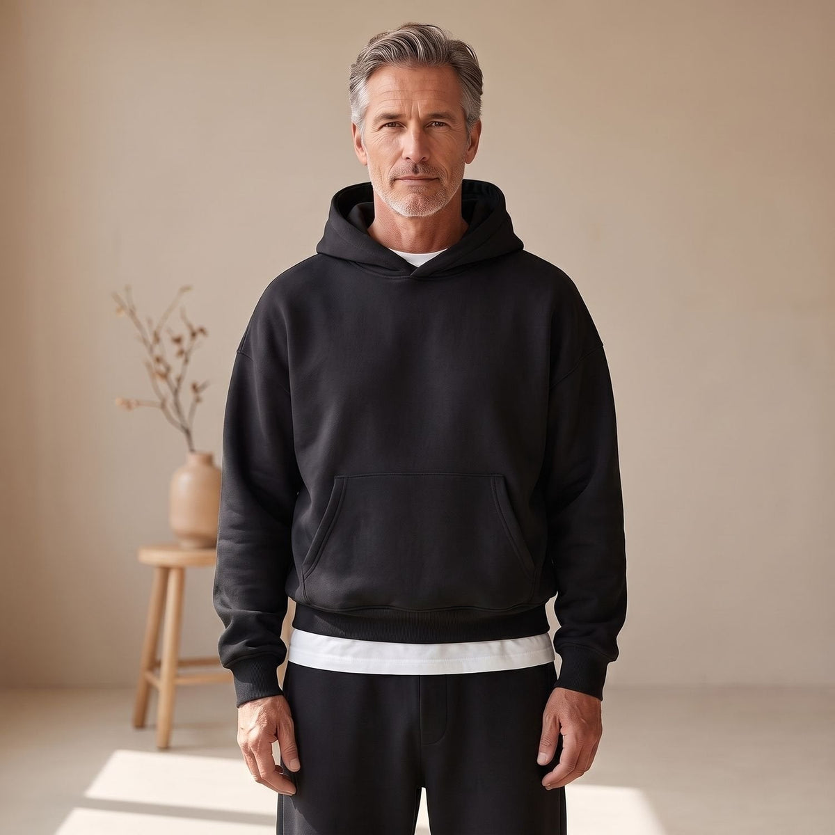 Man wearing black hoodie with white waistband joggers, standing indoors | Chaps London