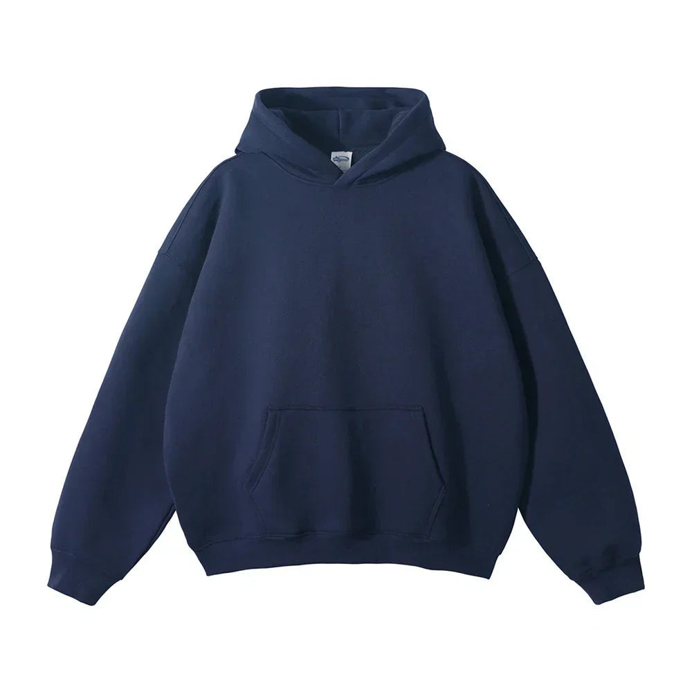 Navy blue pullover hoodie with kangaroo pocket, flat lay product shot | Chaps London