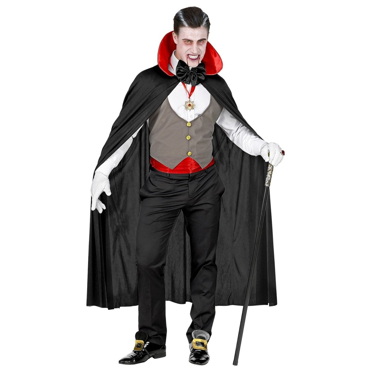 Man wearing black vampire cape, grey waistcoat and bow tie costume | Chaps London