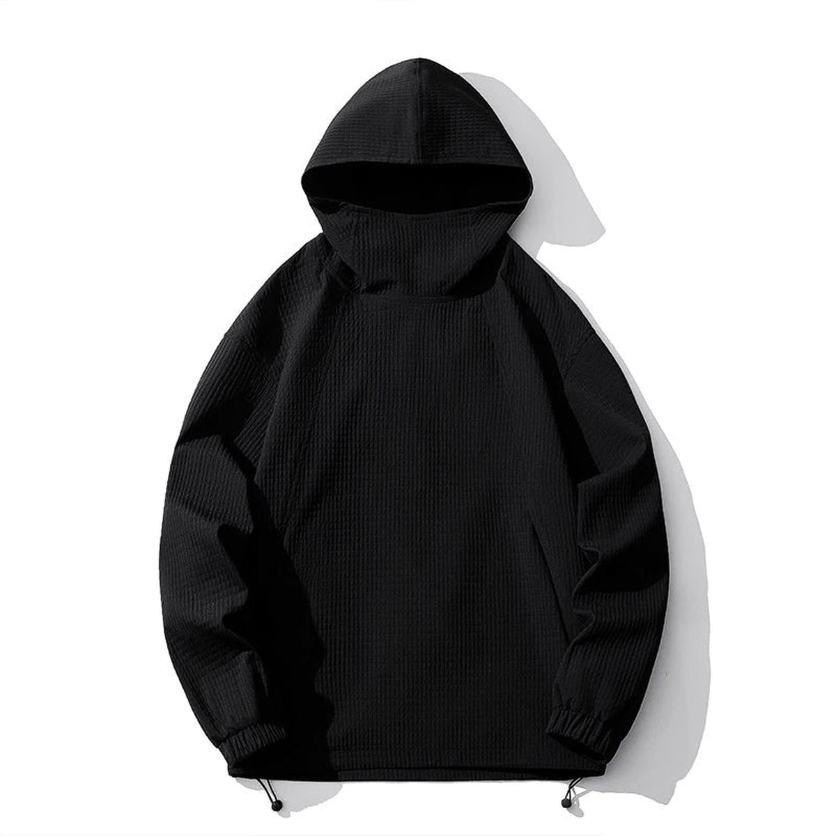 Black waffle-texture hoodie with funnel neck, drawcord hem, shown flat on mannequin | Chaps London