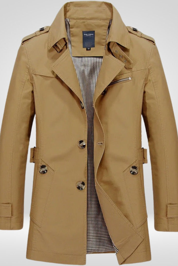 Khaki cotton trench coat with epaulettes, mid-length, displayed on mannequin | Chaps London