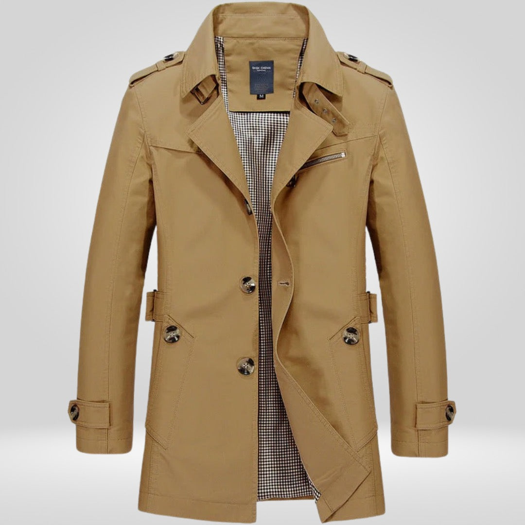 Khaki cotton trench coat with epaulettes, mid-length, displayed on mannequin | Chaps London