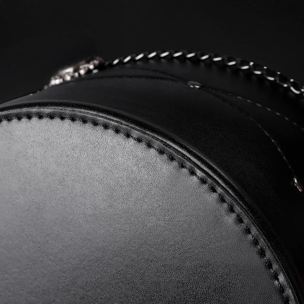 Close-up of black top hat with chain detail and stitching | Chaps London