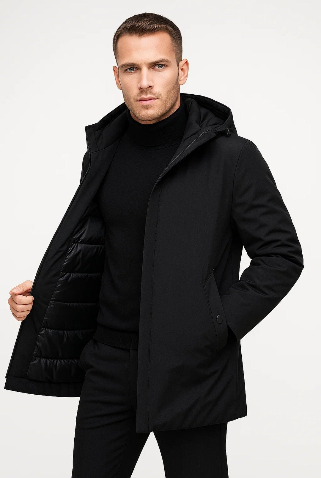 Man wearing black hooded parka with quilted panel, worn open over turtleneck | Chaps London
