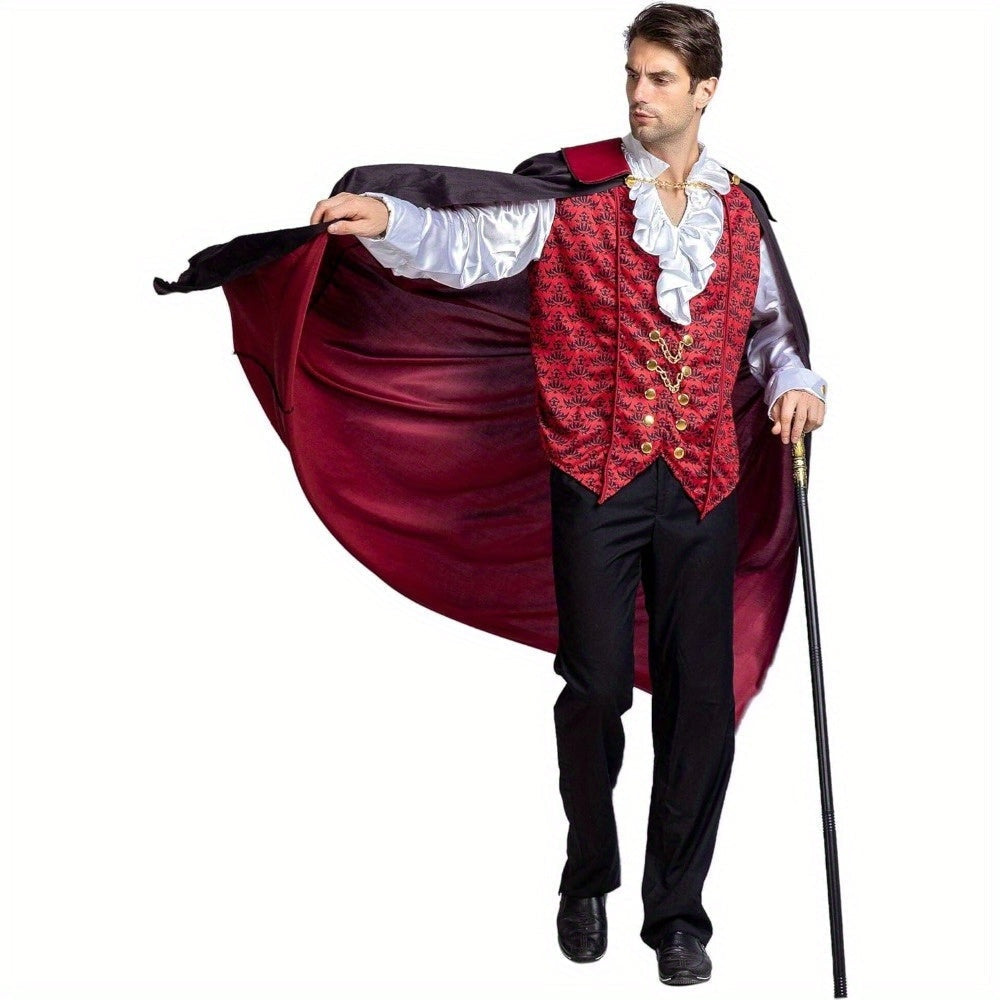 Man wearing red vampire costume with cape, waistcoat, ruffled shirt, holding cane | Chaps London