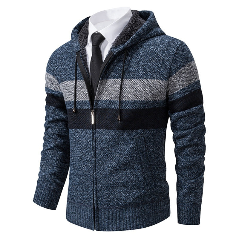 Navy blue zip hoodie with striped panel, shown on mannequin | Chaps London