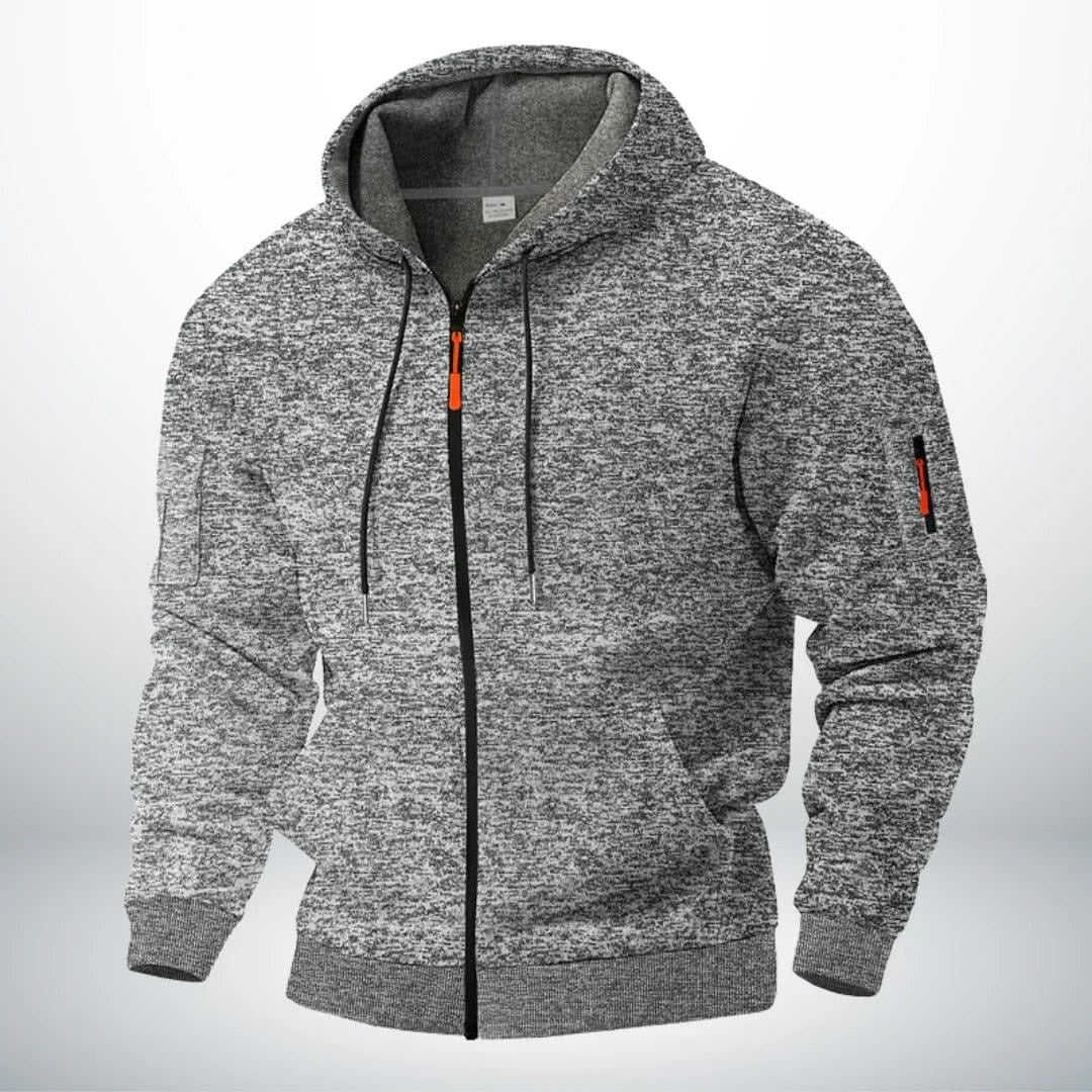 Grey marl zip-up hoodie with orange drawstrings, shown on mannequin | Chaps London