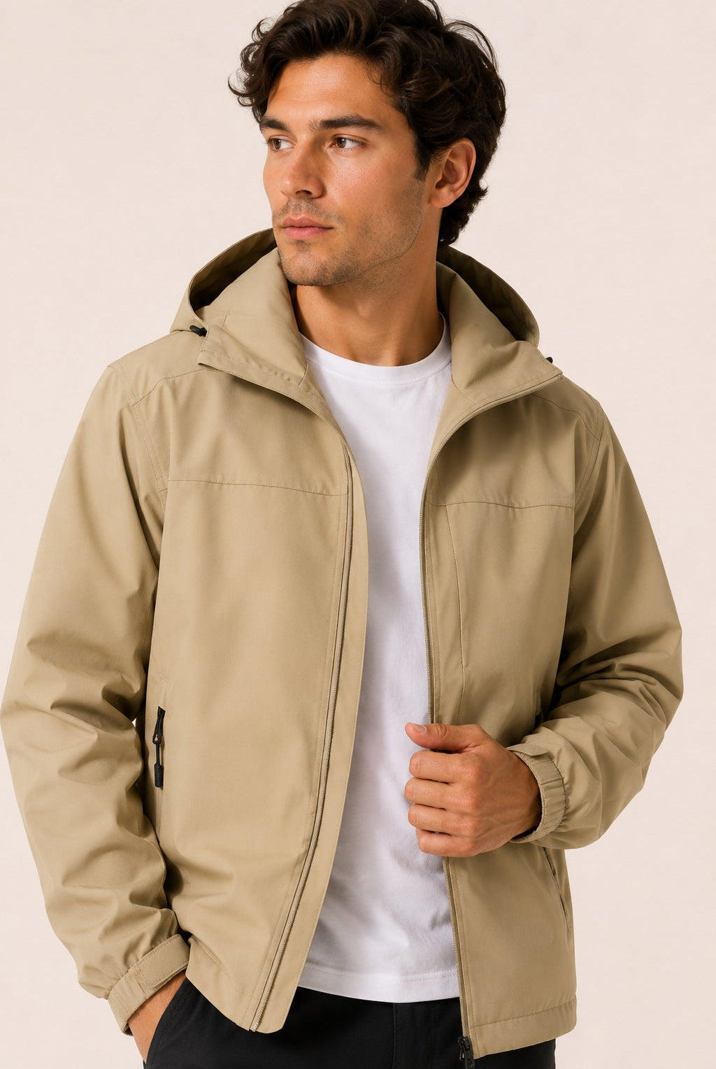 Man wearing beige hooded zip-up jacket over white t-shirt, worn outfit | Chaps London